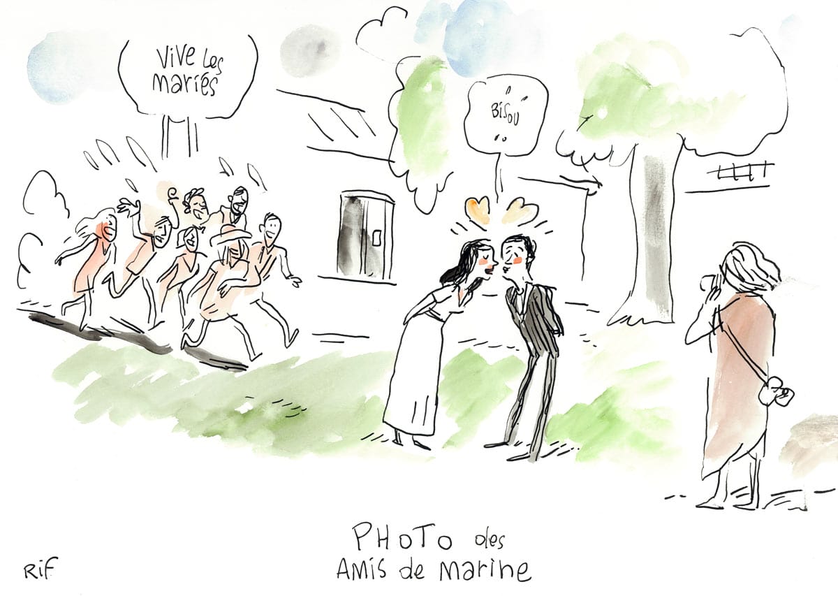 Dessin d'un mariage à La Rochelle (Charente-Maritime). photographie des mariés