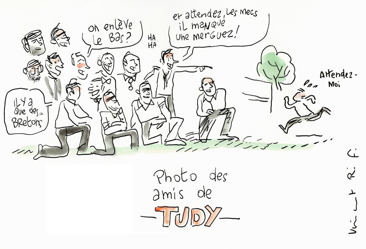 Dessin d'un mariage à La Rochelle (Charente-Maritime). photographie des amis du mariés