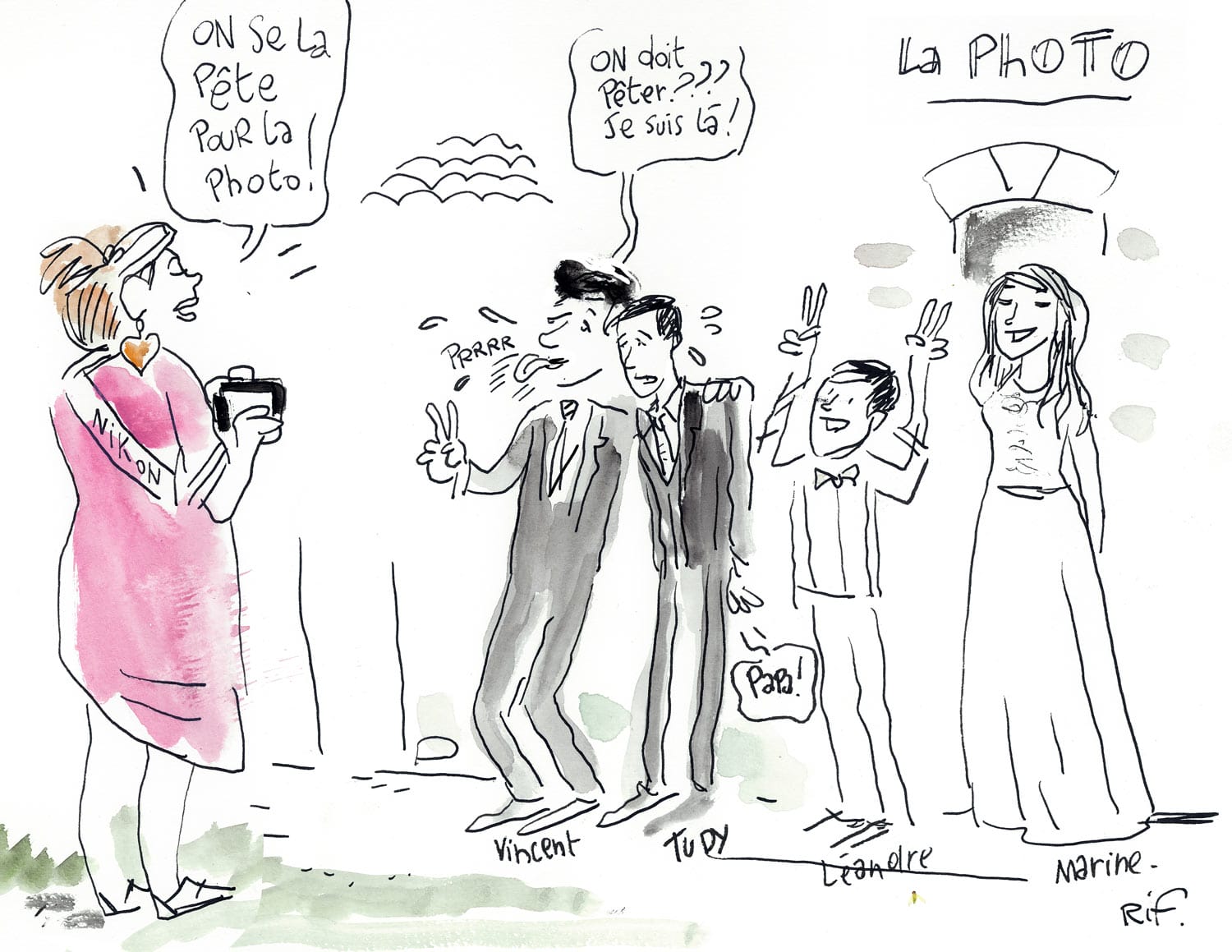 Dessin d'un mariage à La Rochelle (Charente-Maritime). photographe et mariés
