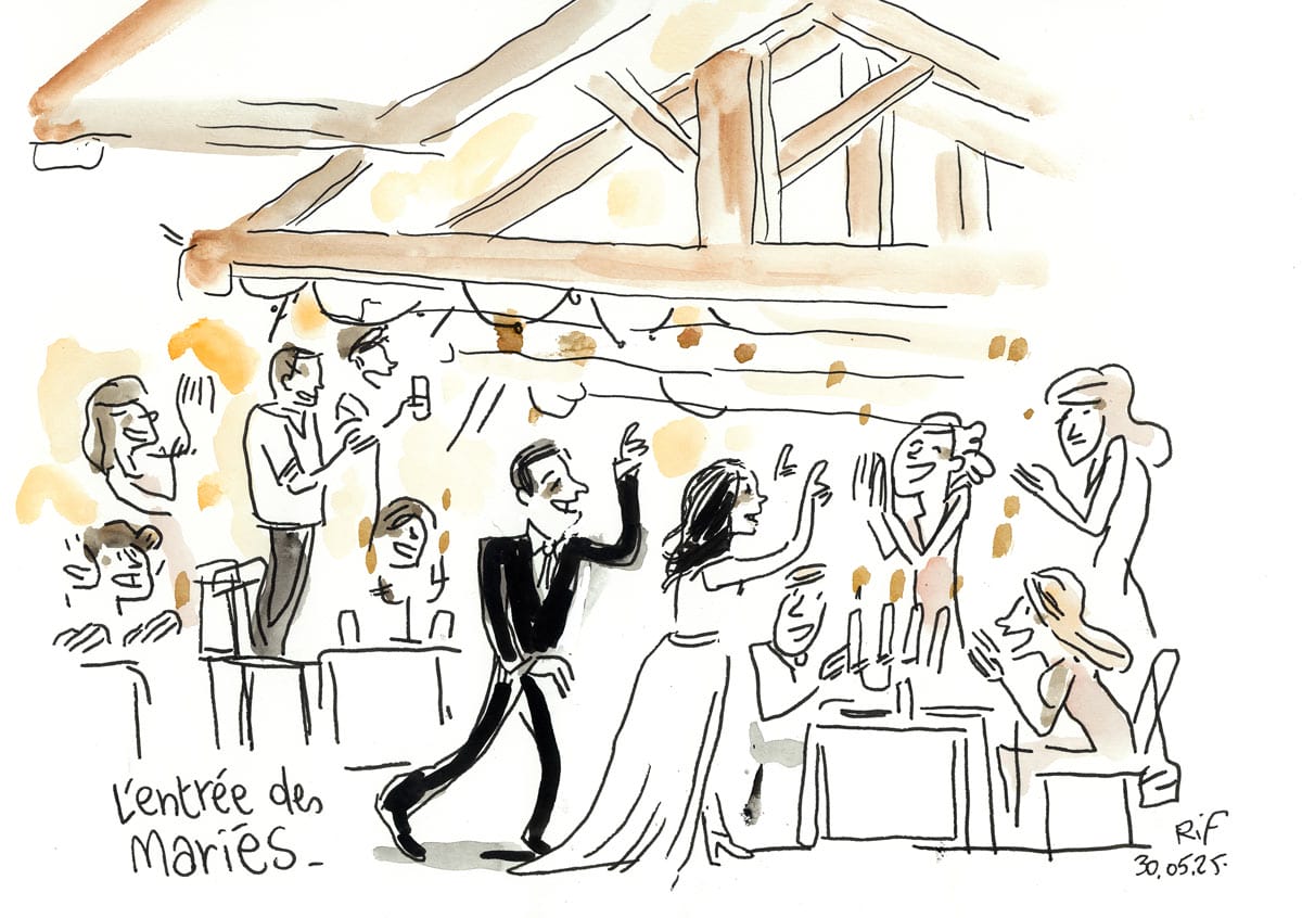 Dessin d'un mariage à La Rochelle (Charente-Maritime). repas et l'entrée des mariés