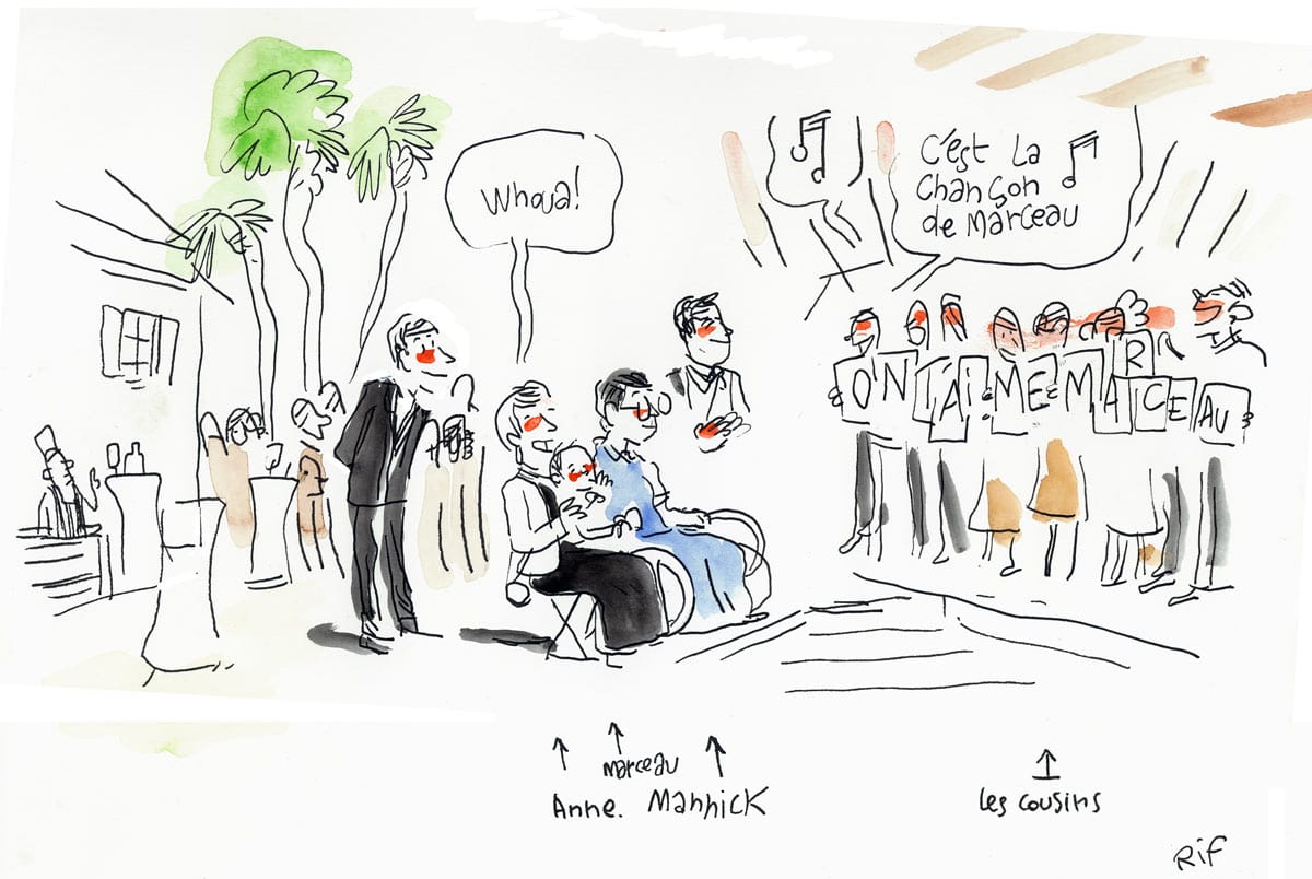 Dessin d'un mariage à La Rochelle (Charente-Maritime). Vin d'honneur et spectacle des parents