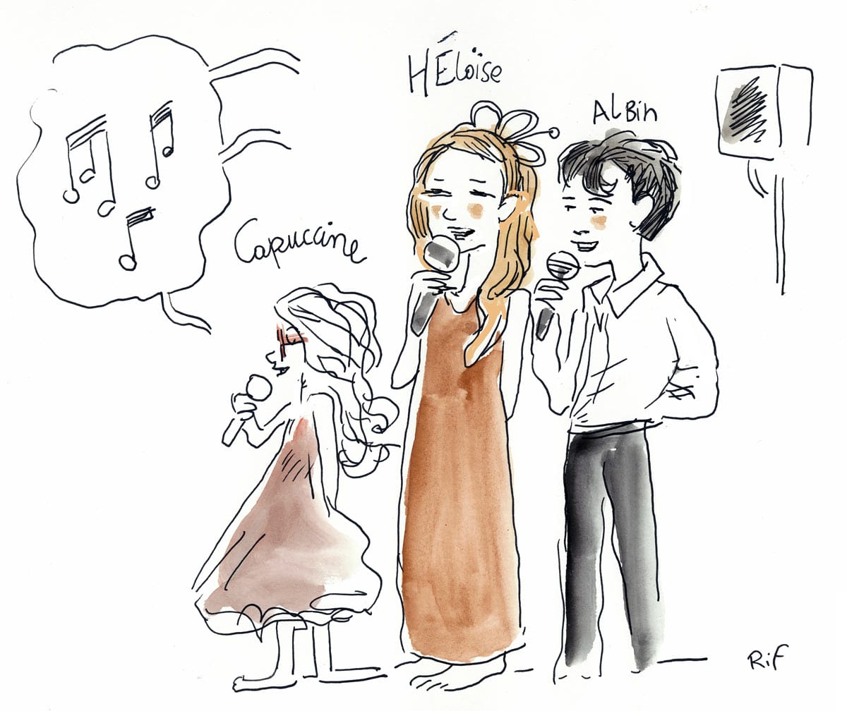 Dessin d'un mariage à La Rochelle (Charente-Maritime). Vin d'honneur et chanson des enfants