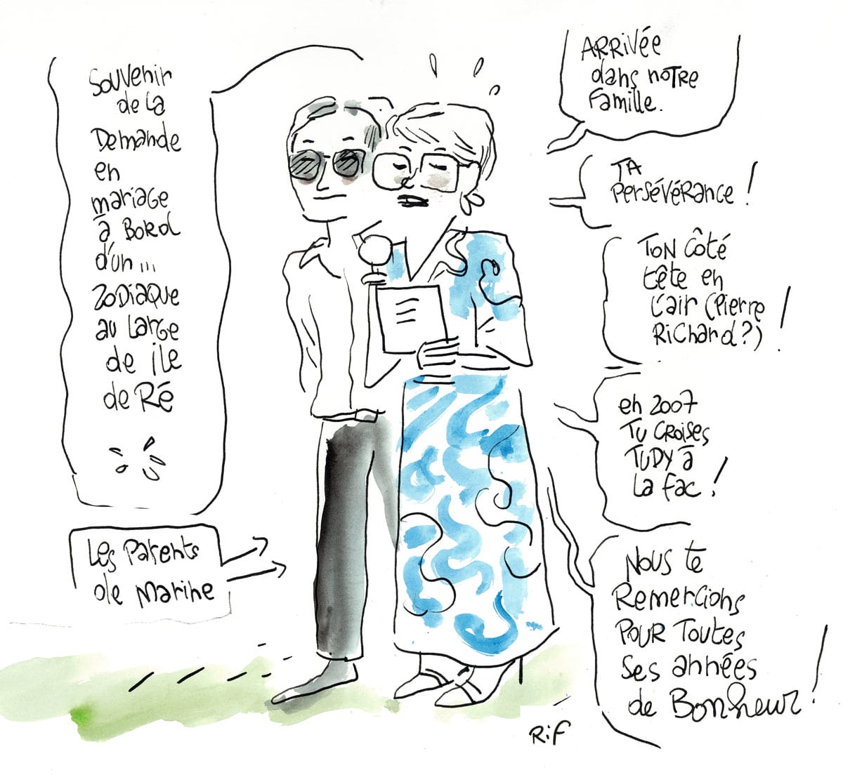 Dessin d'un mariage à La Rochelle (Charente-Maritime). Vin d'honneur et discours des parents de la mariée