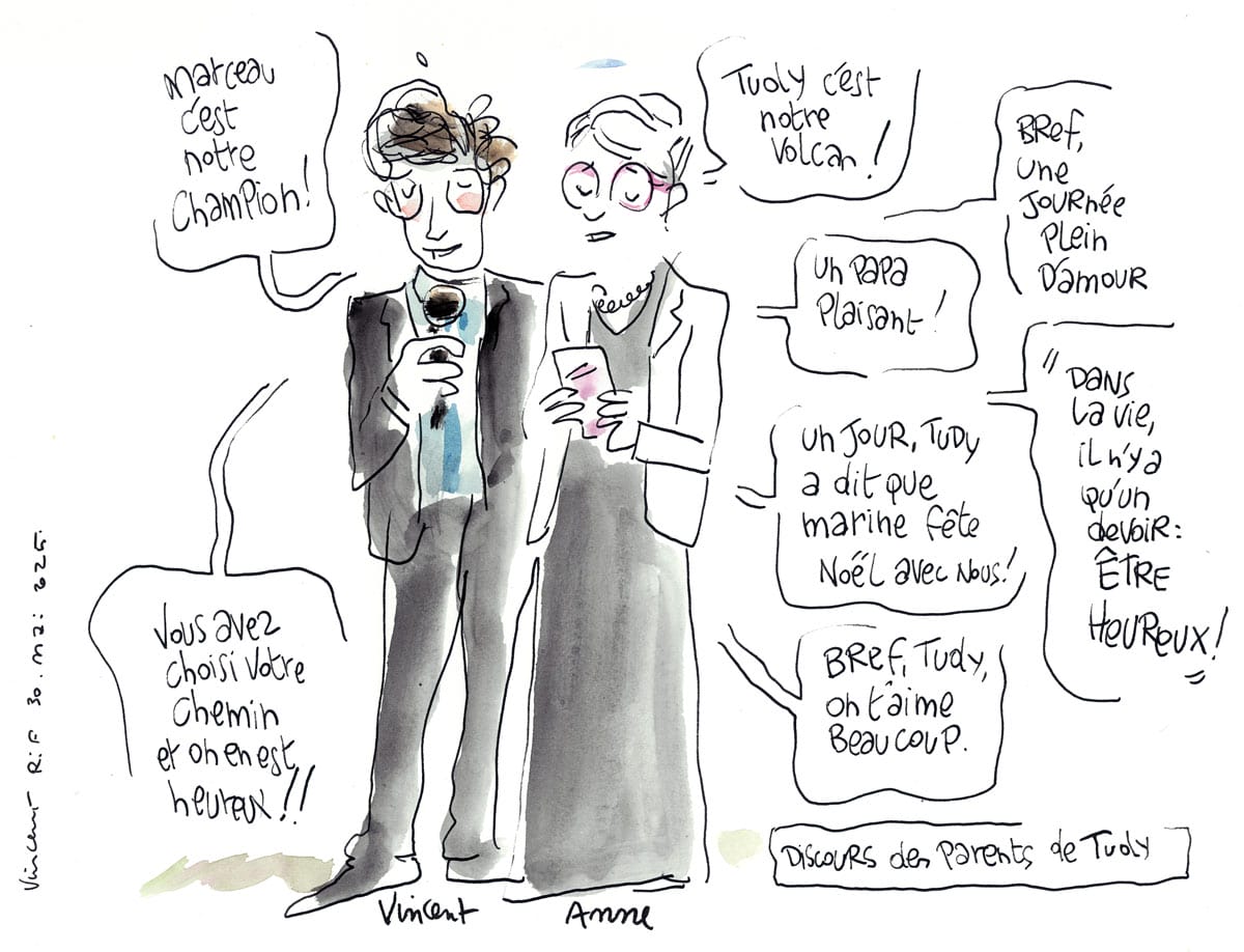 Dessin d'un mariage à La Rochelle (Charente-Maritime). Vin d'honneur et discours des parents