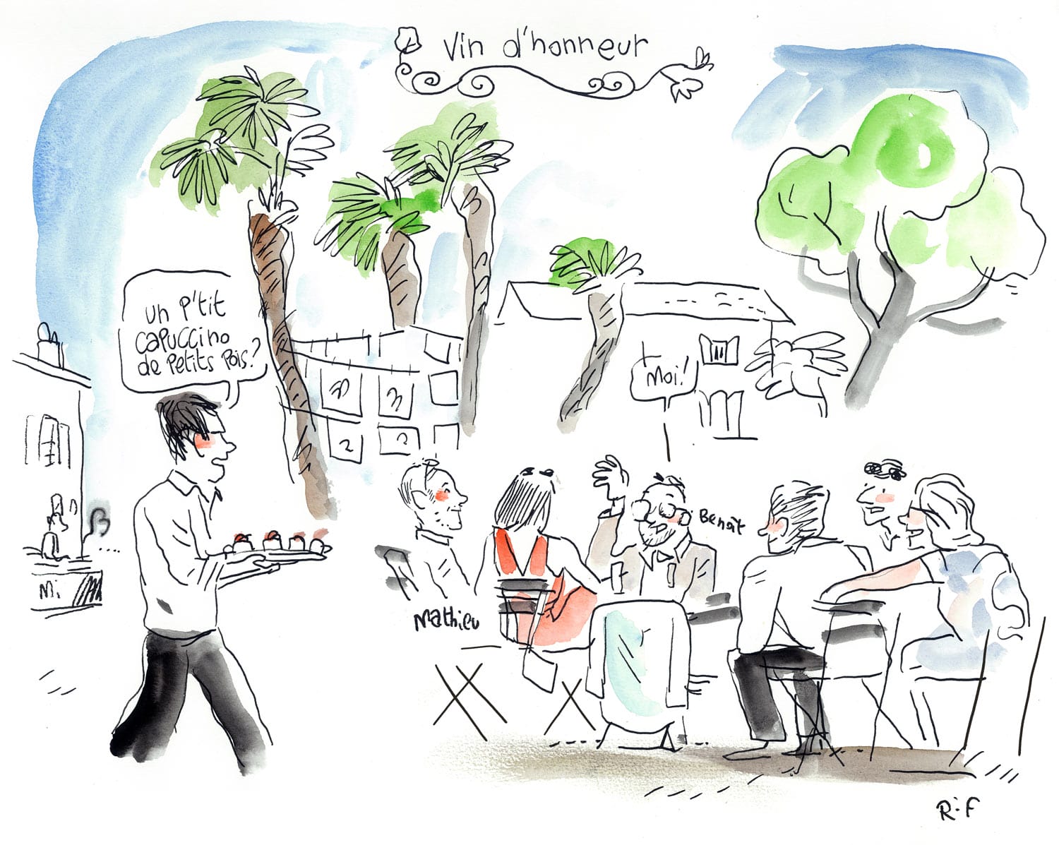 Dessin d'un mariage à La Rochelle (Charente-Maritime). Vin d'honneur dans les jardins du domaine Les Mottais