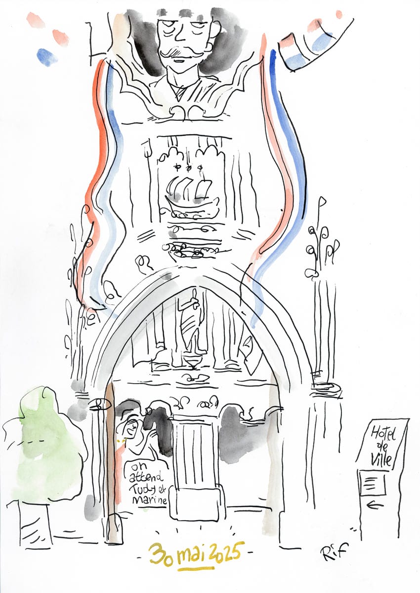 Dessin d'un mariage à La Rochelle (Charente-Maritime). Entrèe à la mairie