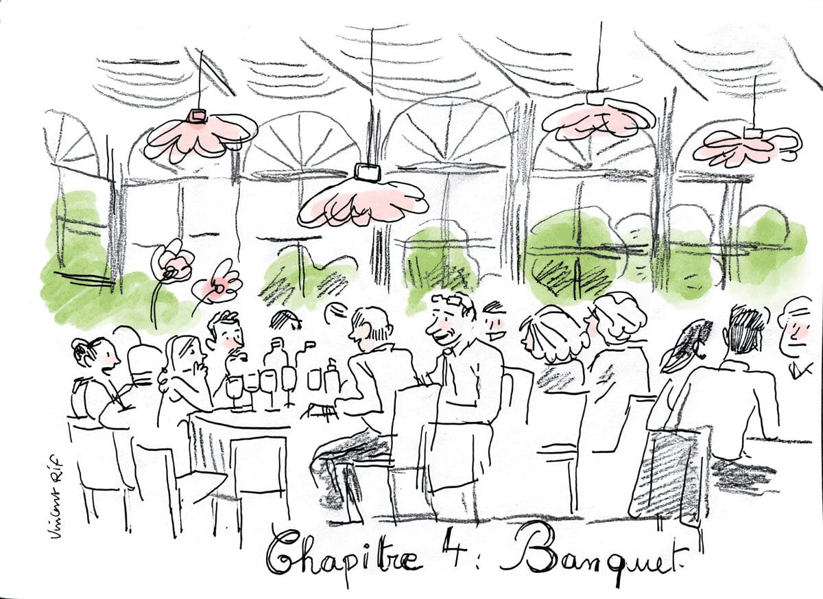Dessin d'un mariage à La Rochelle (Charente-Maritime). Vin d'honneur et discours des parents