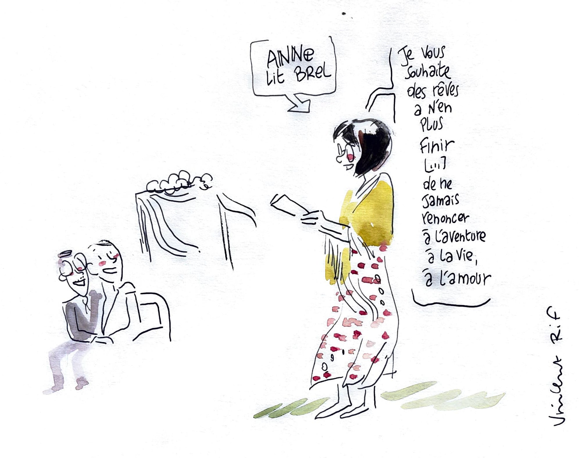 dessin de mariage - discours dans les jardins du chateau de vieuville