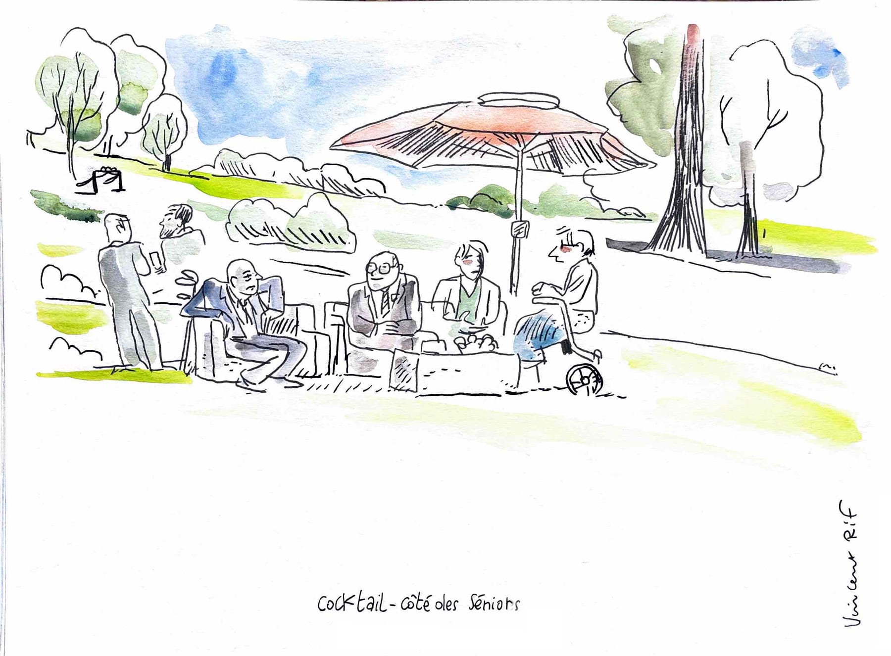 dessin de mariage - séniors dans les jardins du chateau de vieuville