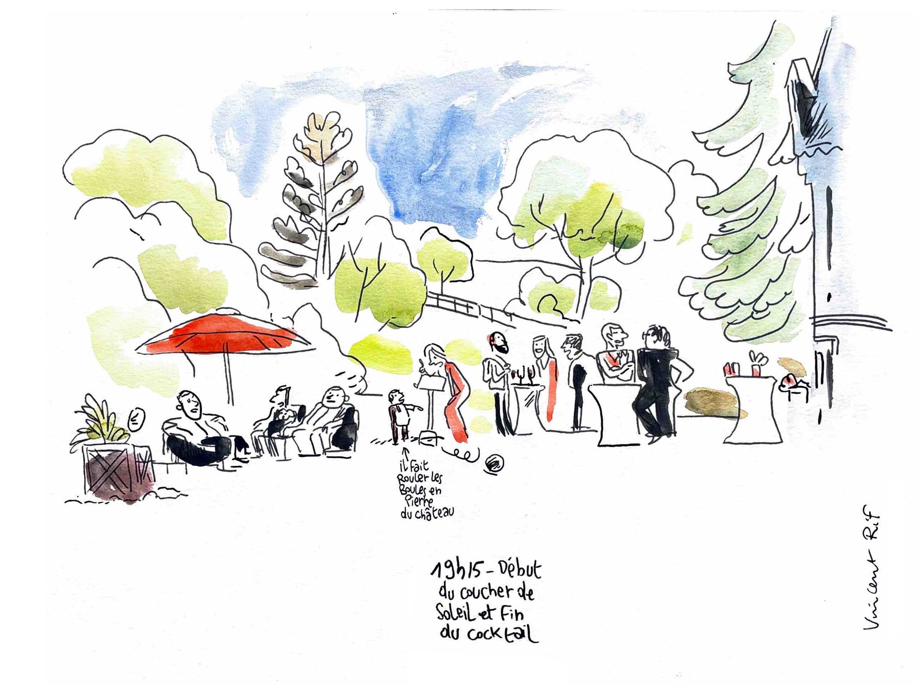 dessin de mariage - cocktail dans les jardins du chateau de vieuville