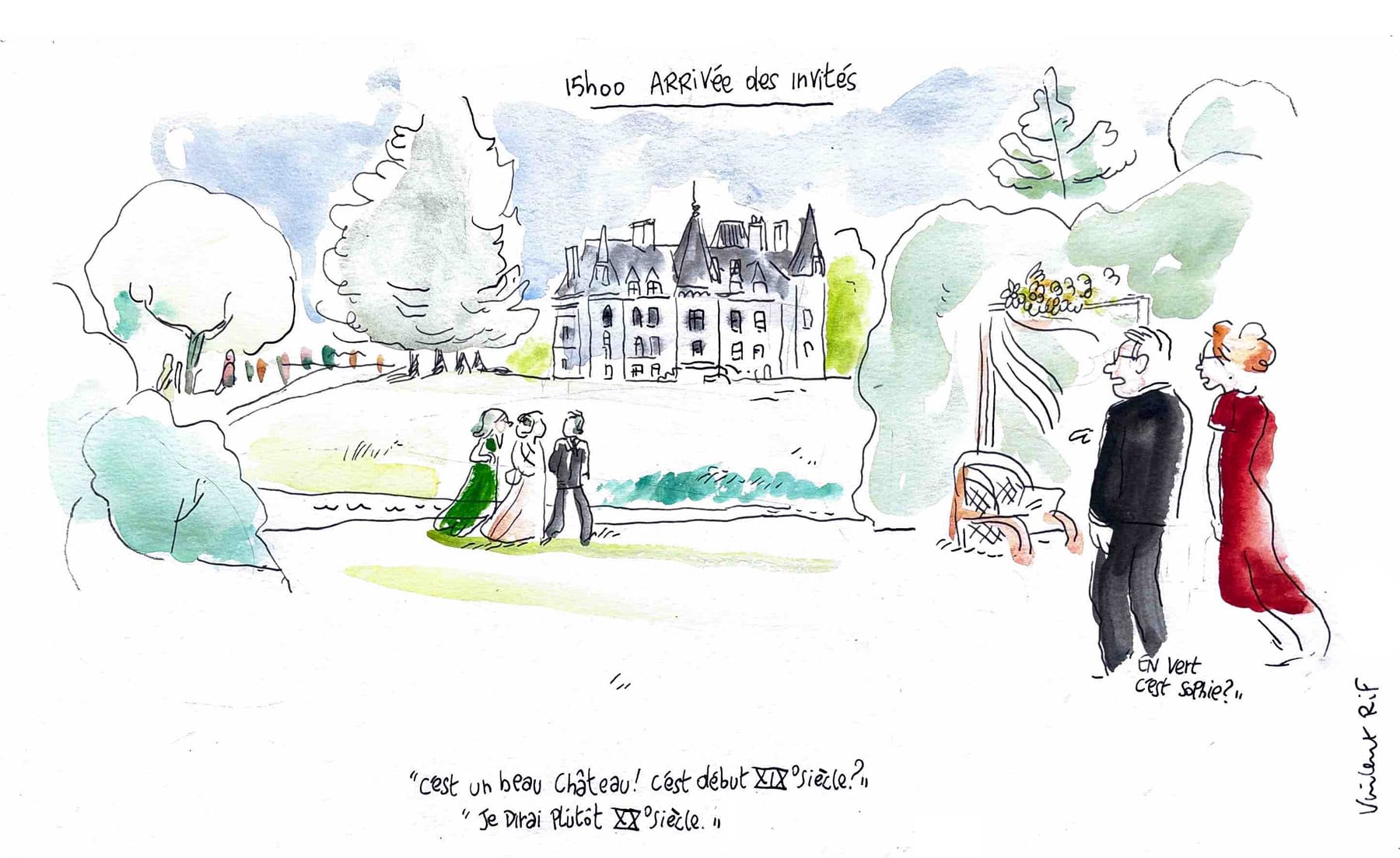 dessin de mariage - arrivé dans les jardins du chateau de vieuville