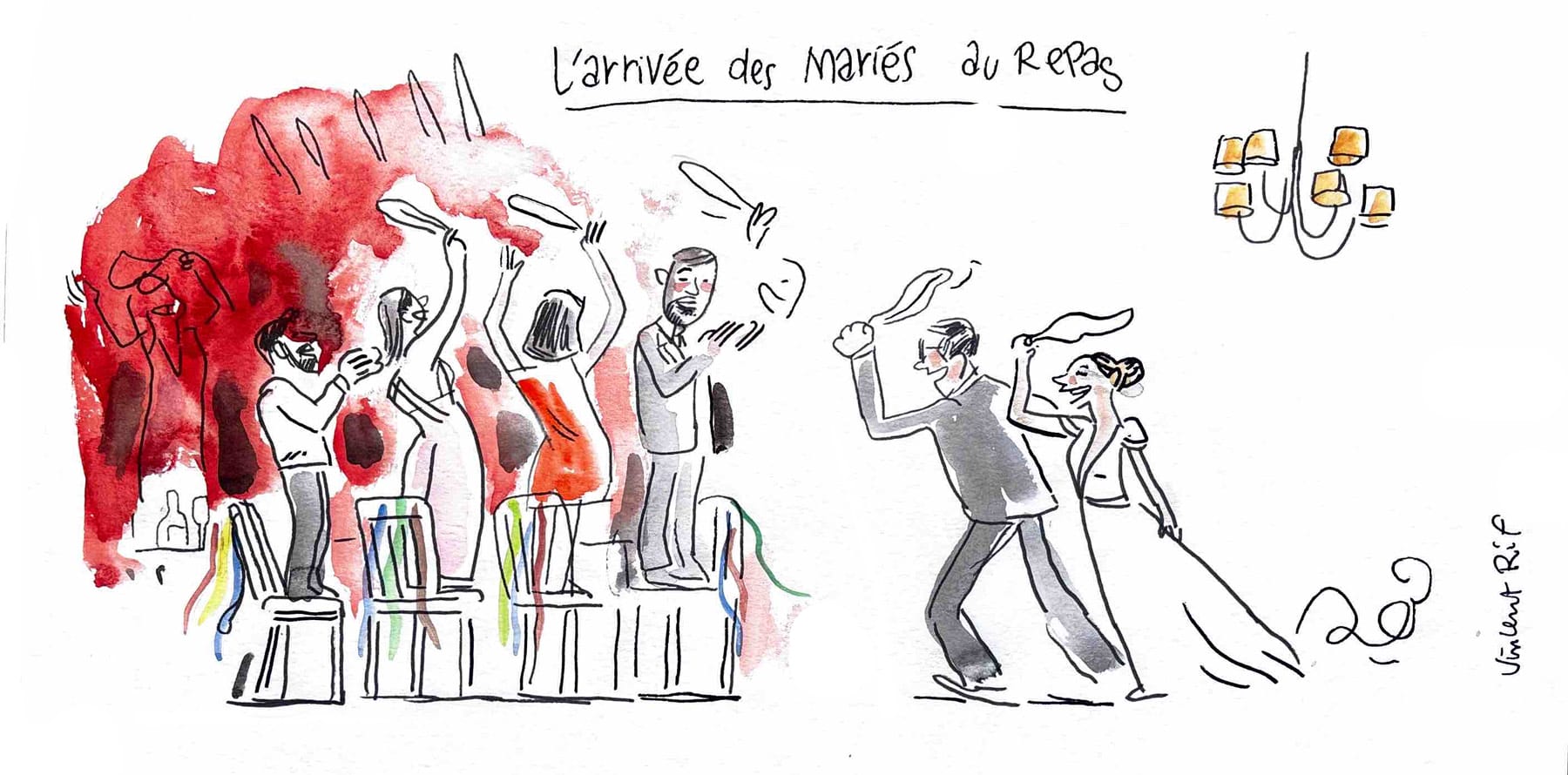 dessin de mariage - arrivée dans les jardins du chateau de vieuville