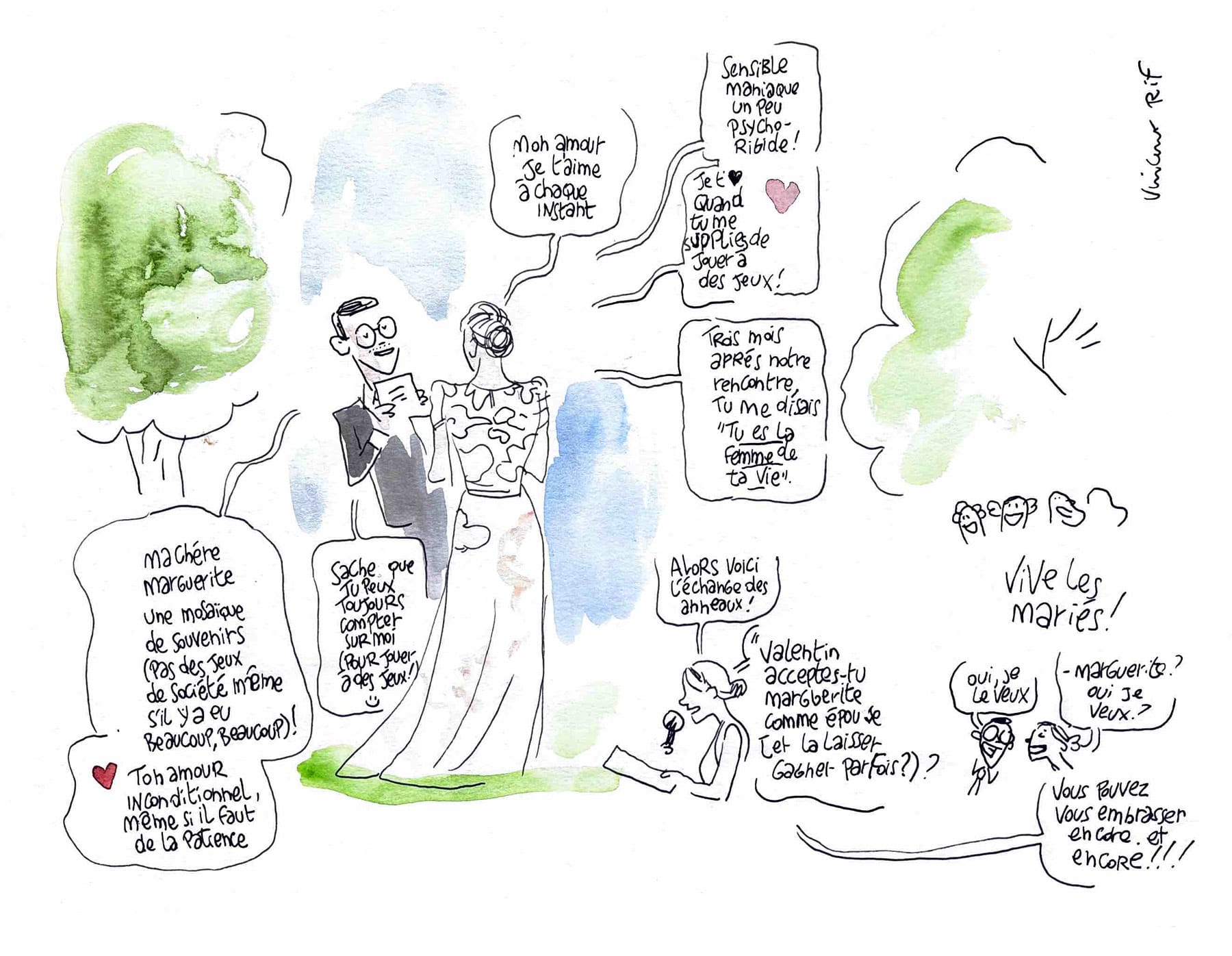 dessin de mariage - discours des mariés dans les jardins du chateau de vieuville