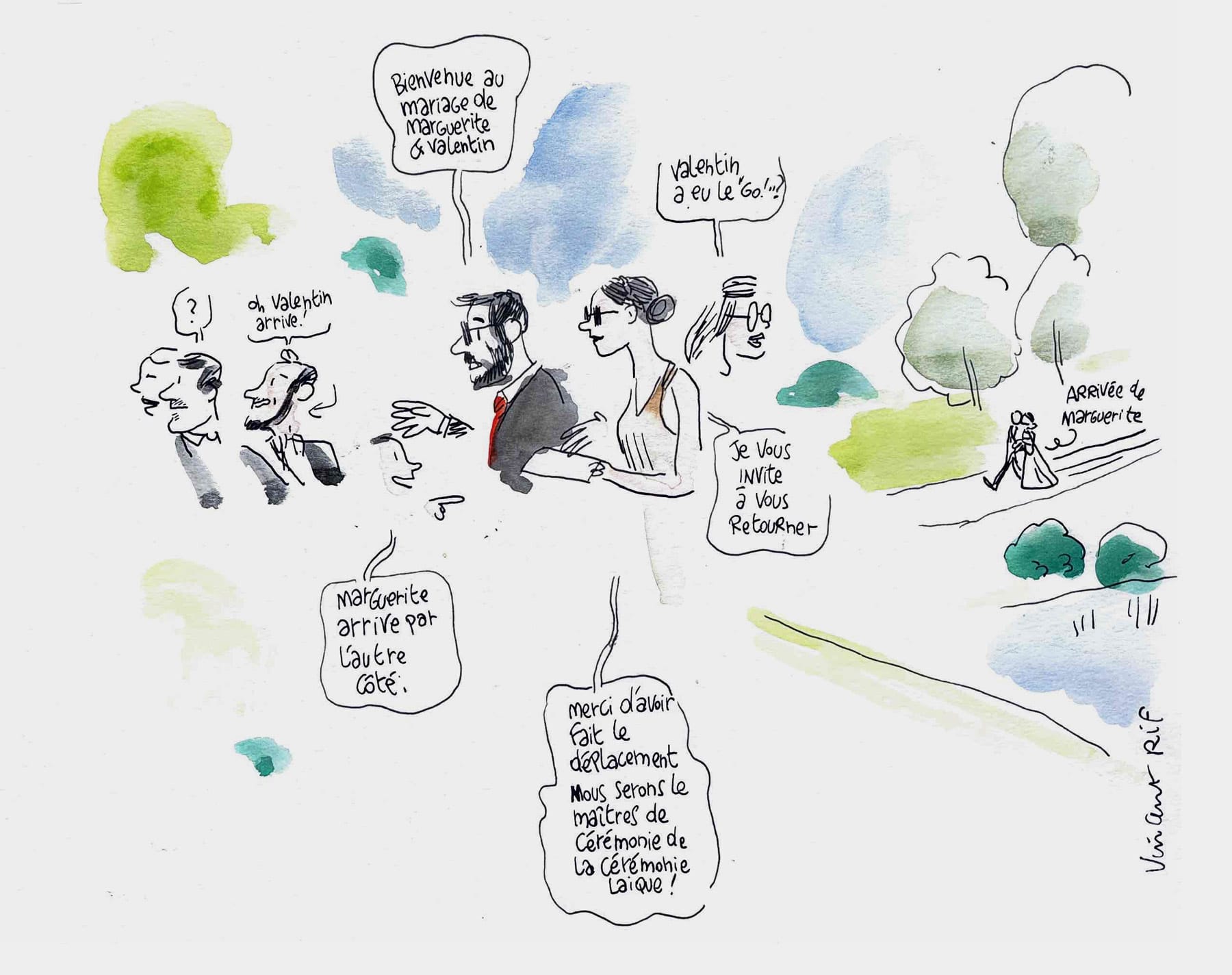 dessin de mariage - arrivée dans les jardins du chateau de vieuville