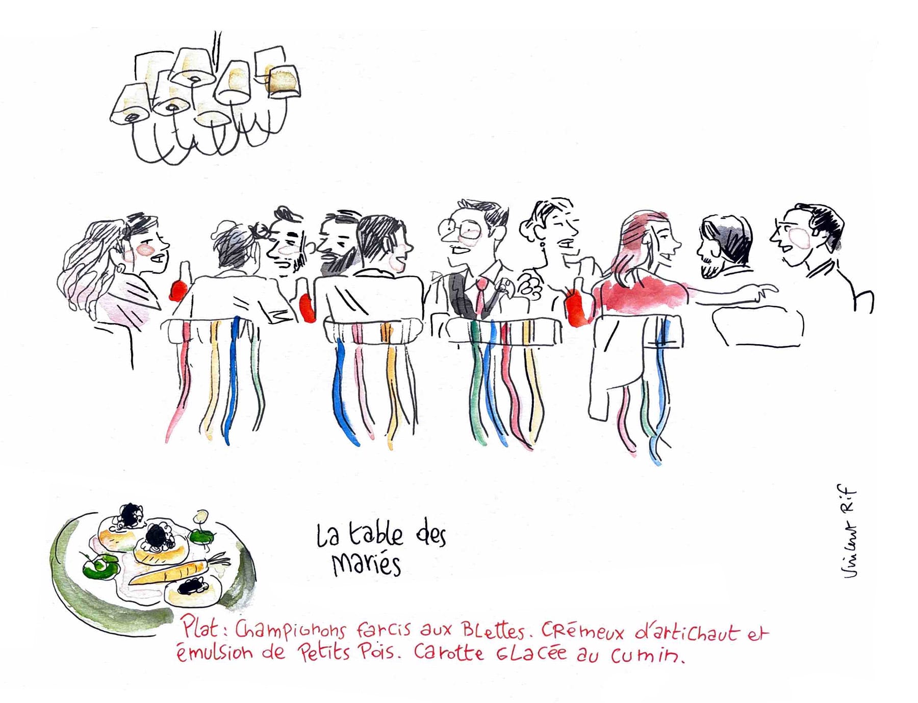 dessin de mariage - repas dans les jardins du chateau de vieuville
