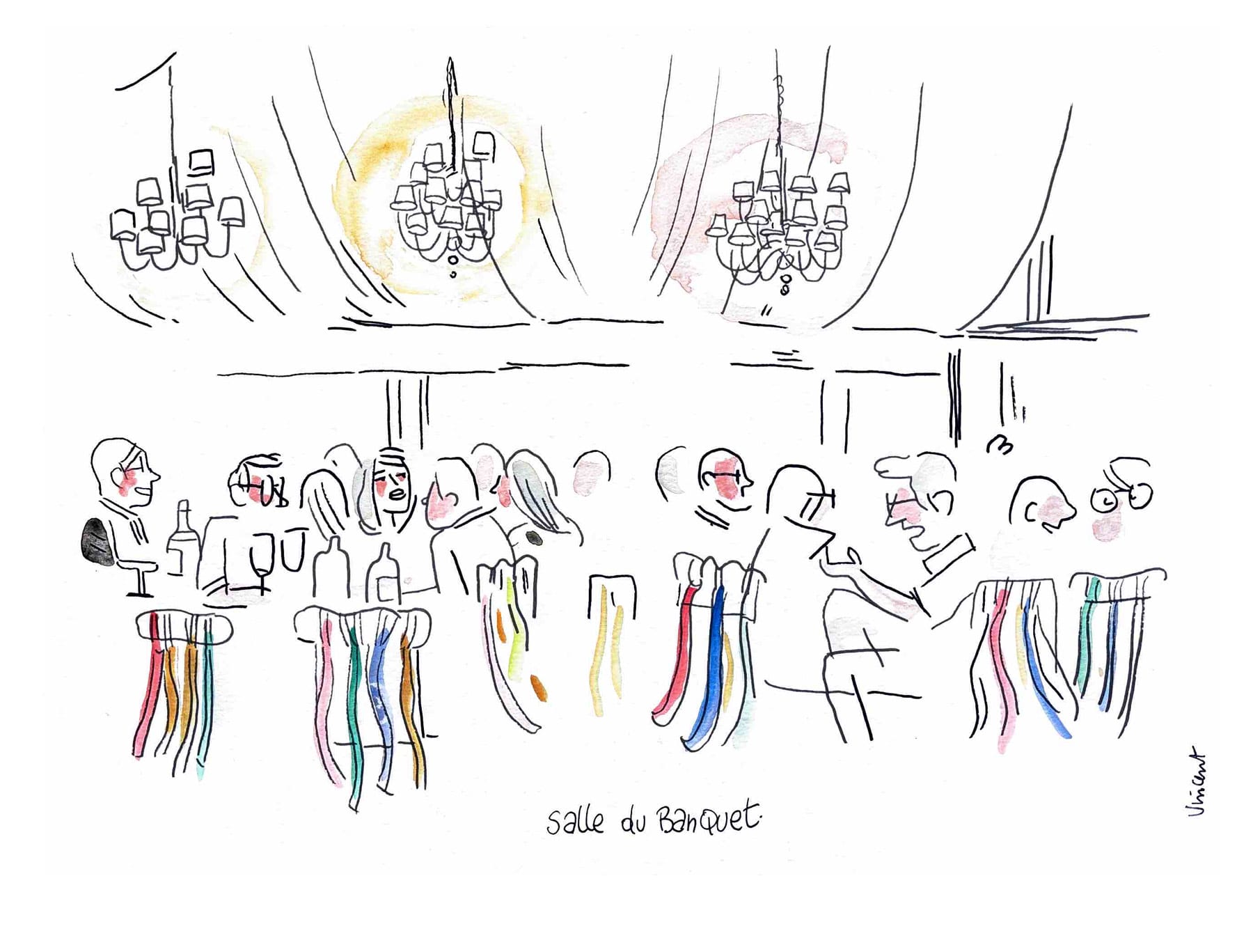 dessin de mariage - chapiteau dans les jardins du chateau de vieuville