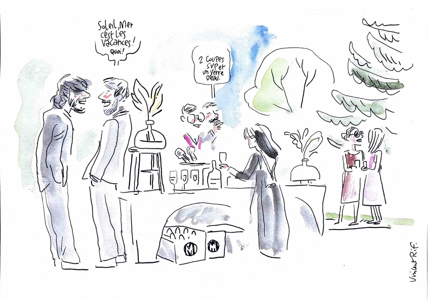 dessin de mariage - cocktail dans le chateau de vieuville