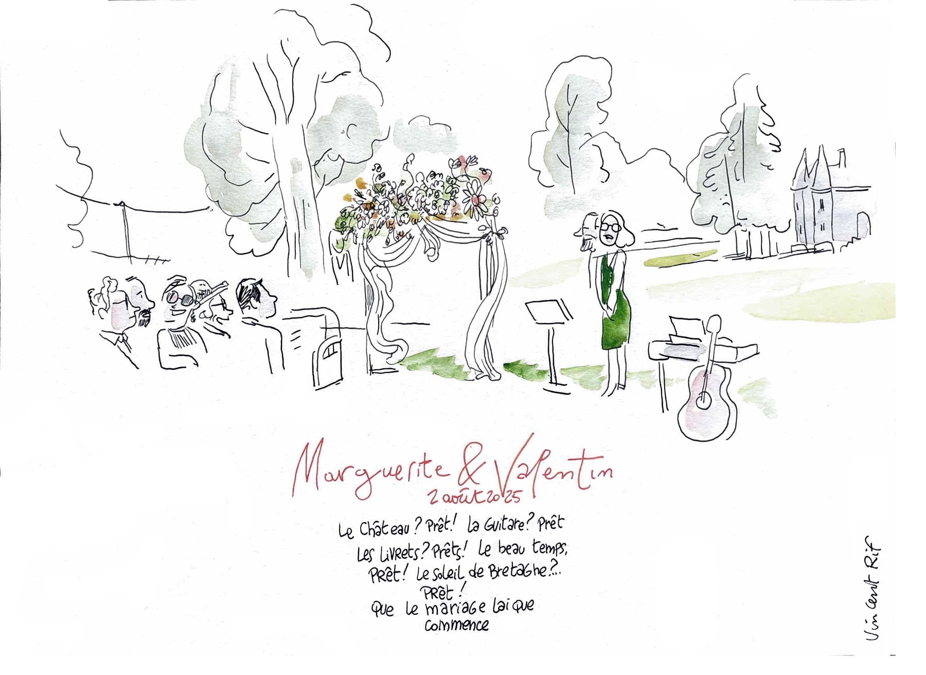 dessin de mariage - intro - déjeuner dans les jardins du chateau de vieuville