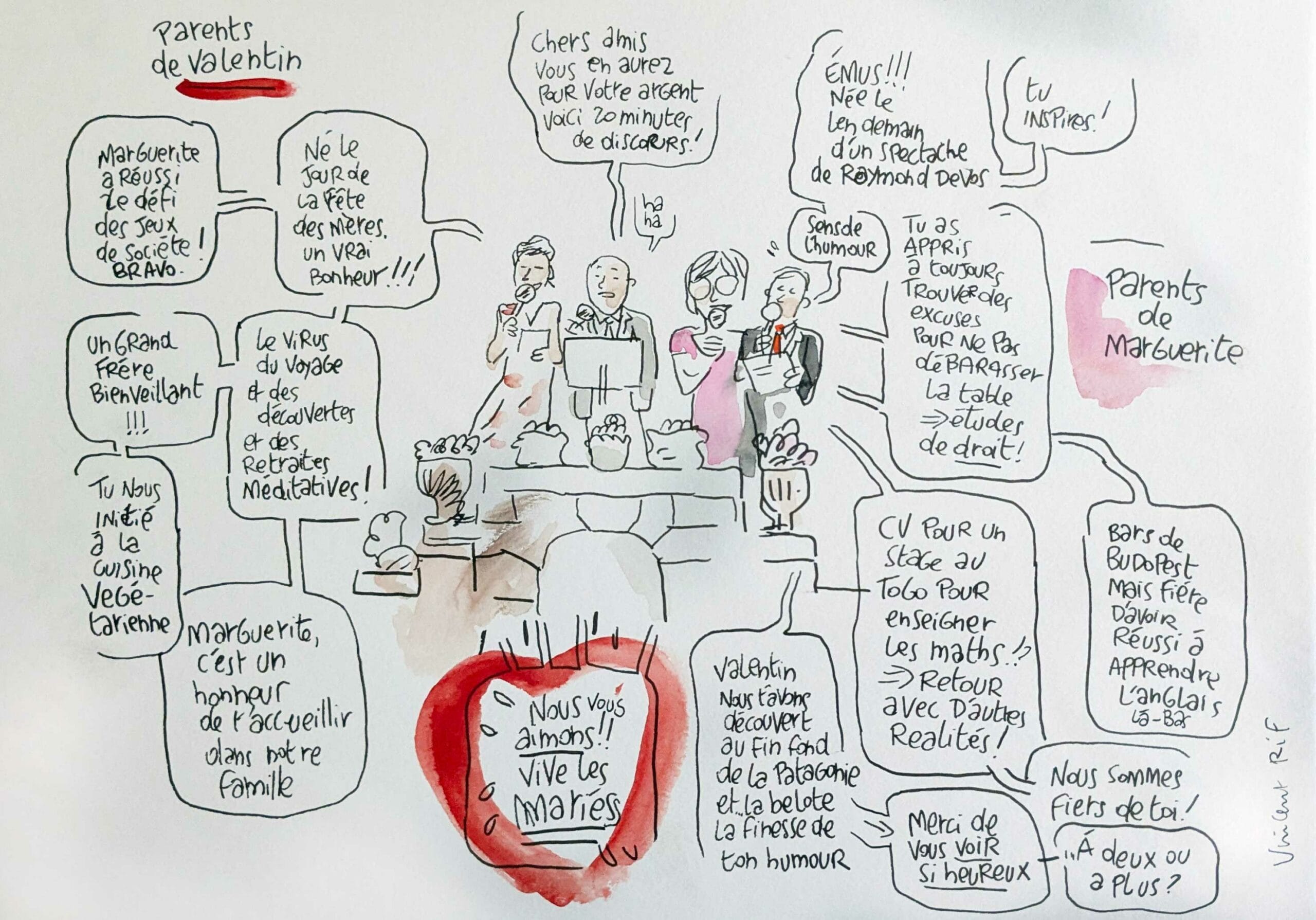 dessin de mariage - cocktail dans le chateau de vieuville